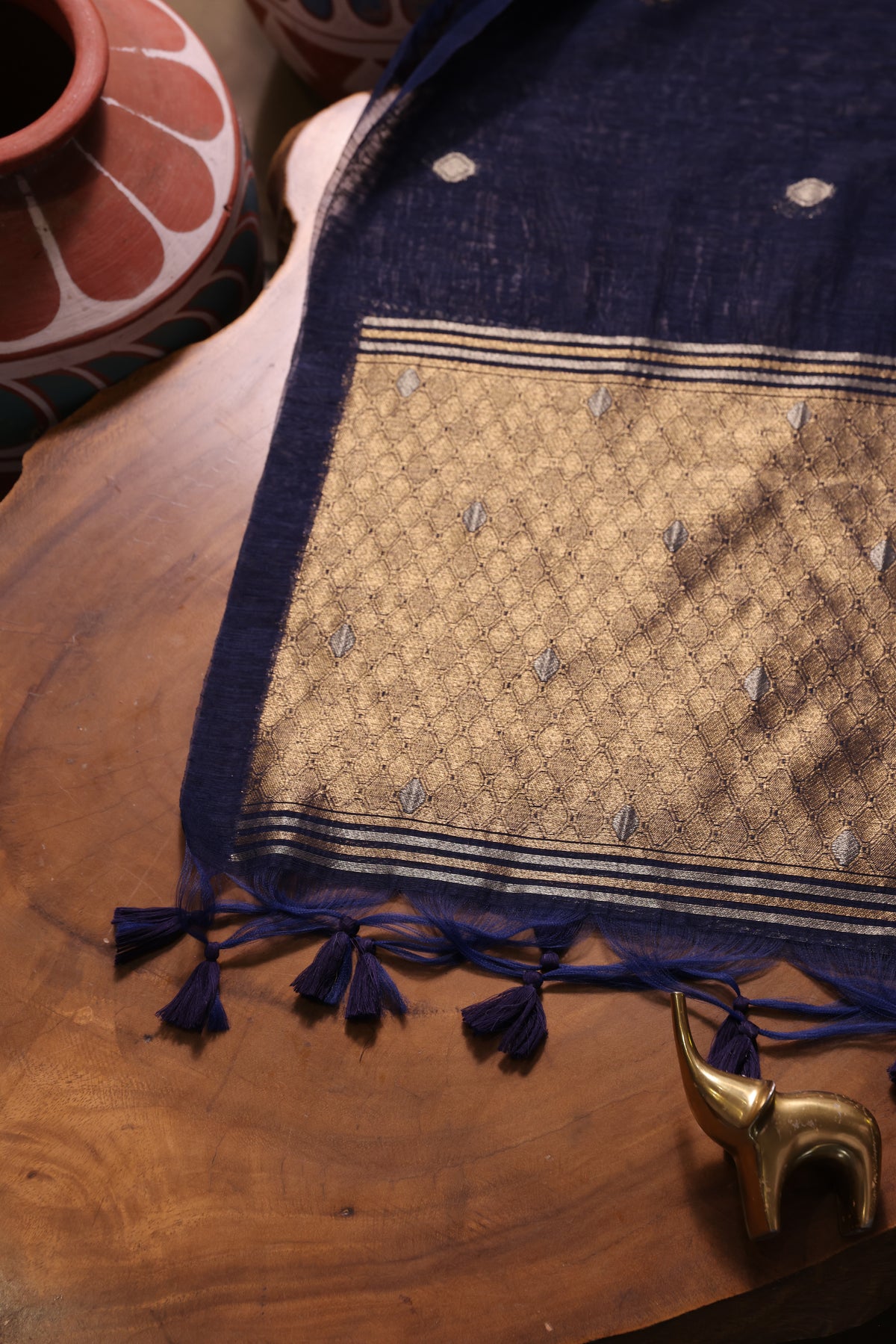 Golden Haze Navy Muga Silk Unstitched Suit Set