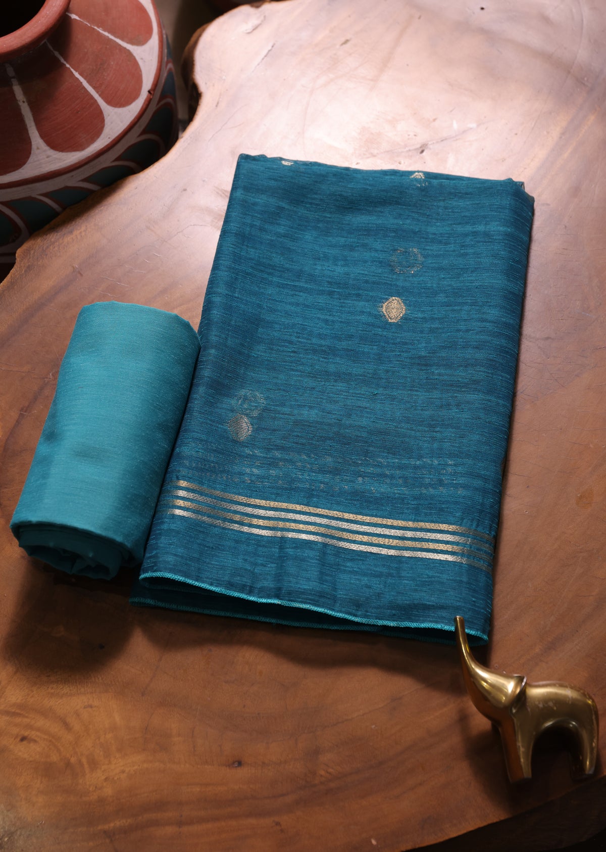 Golden Haze Teal Muga Silk Unstitched Suit Set
