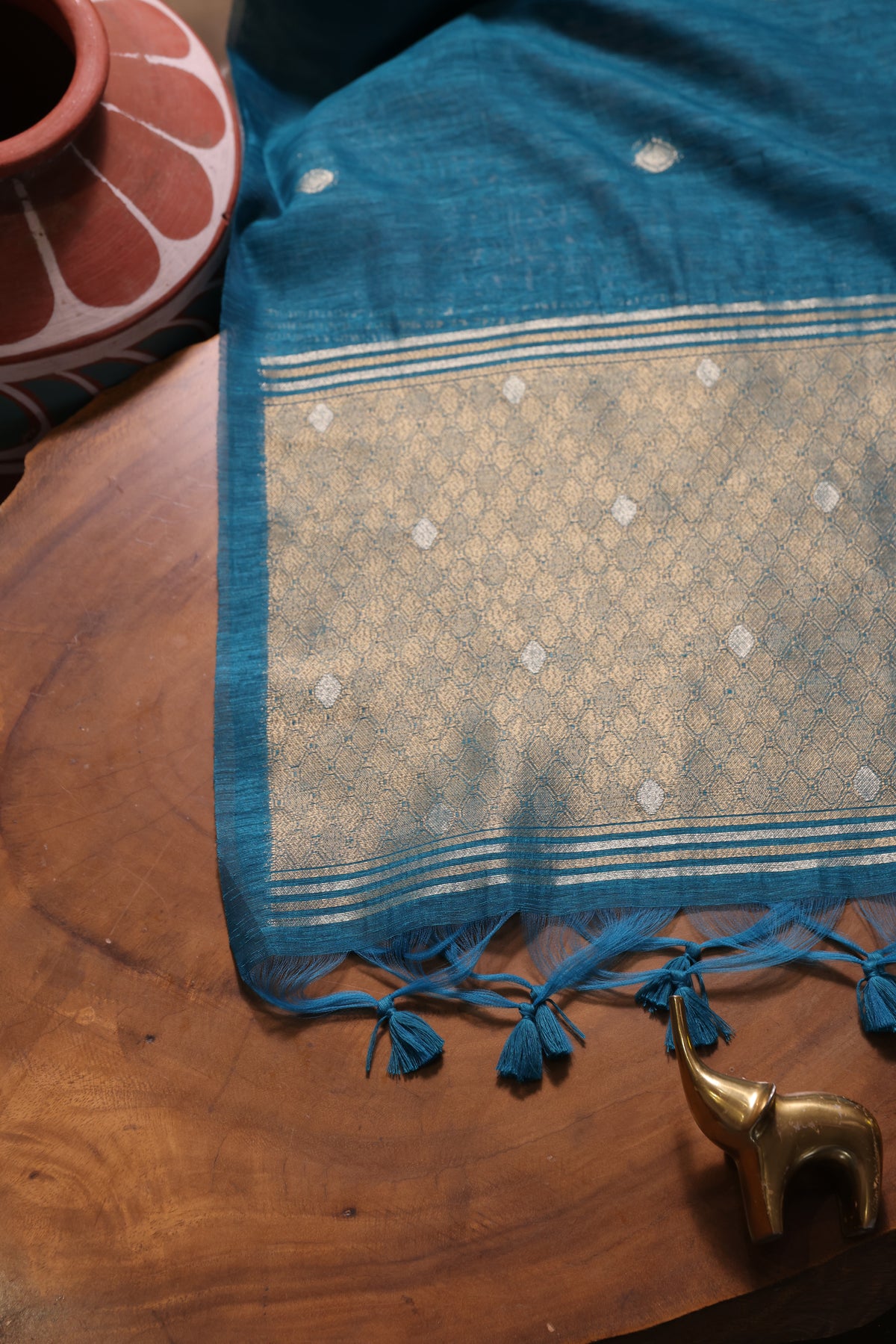 Golden Haze Teal Muga Silk Unstitched Suit Set