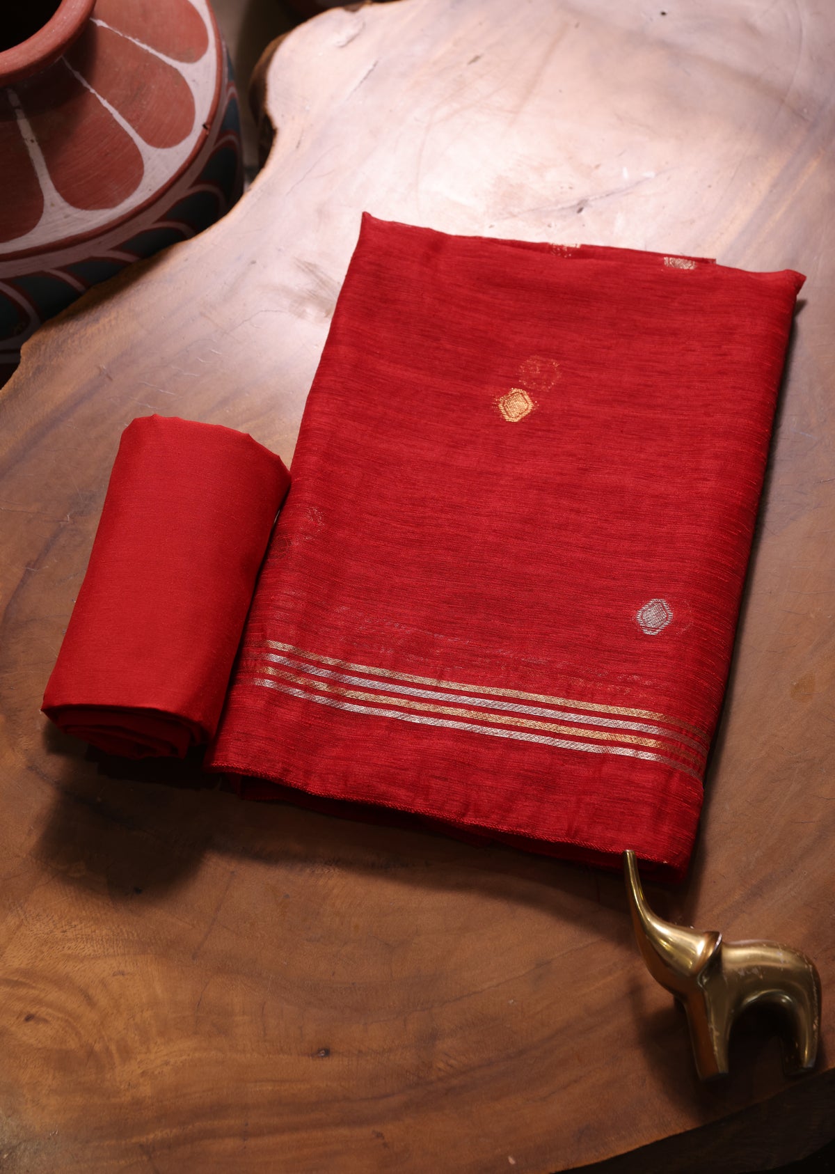 Golden Haze Red Muga Silk Unstitched Suit Set