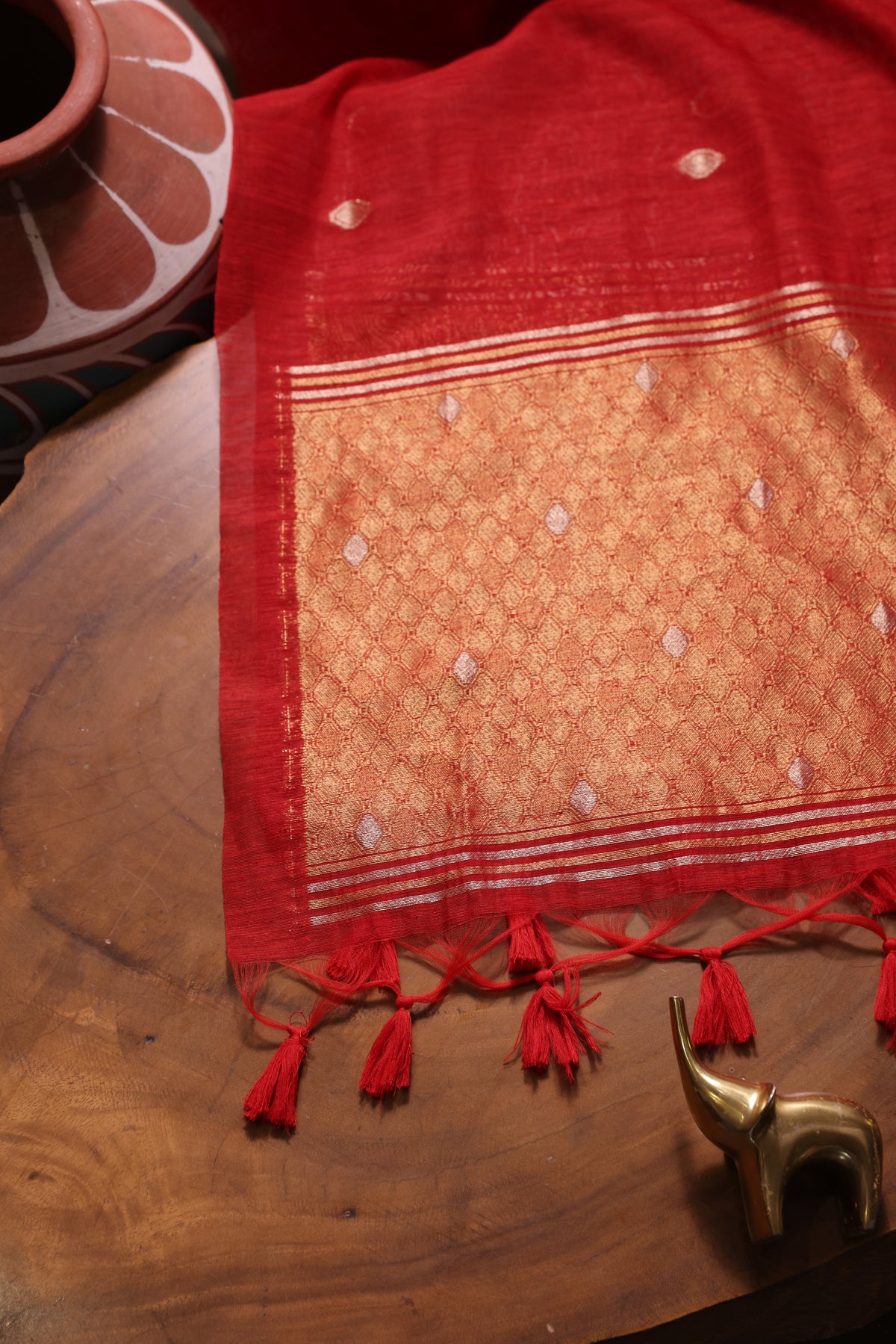 Golden Haze Red Muga Silk Unstitched Suit Set