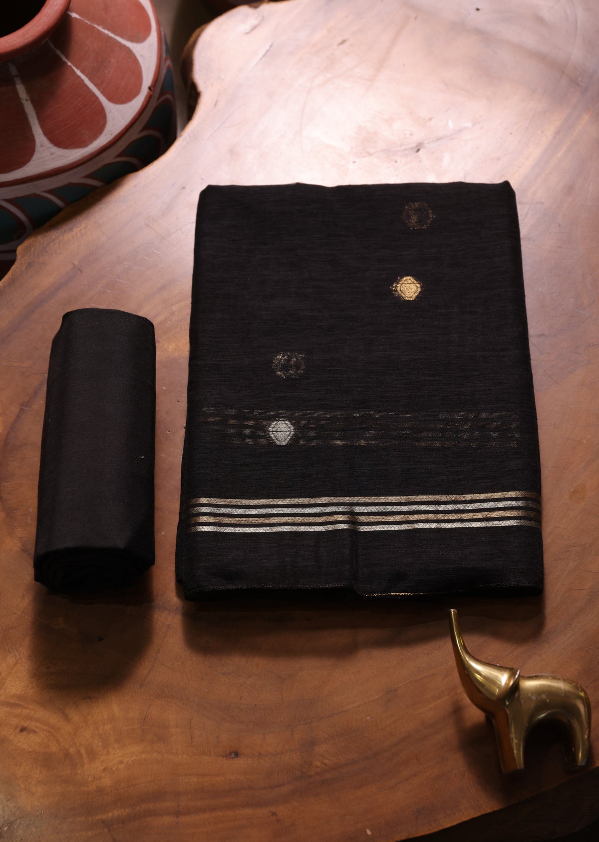 Golden Haze Black Muga Silk Unstitched Suit Set