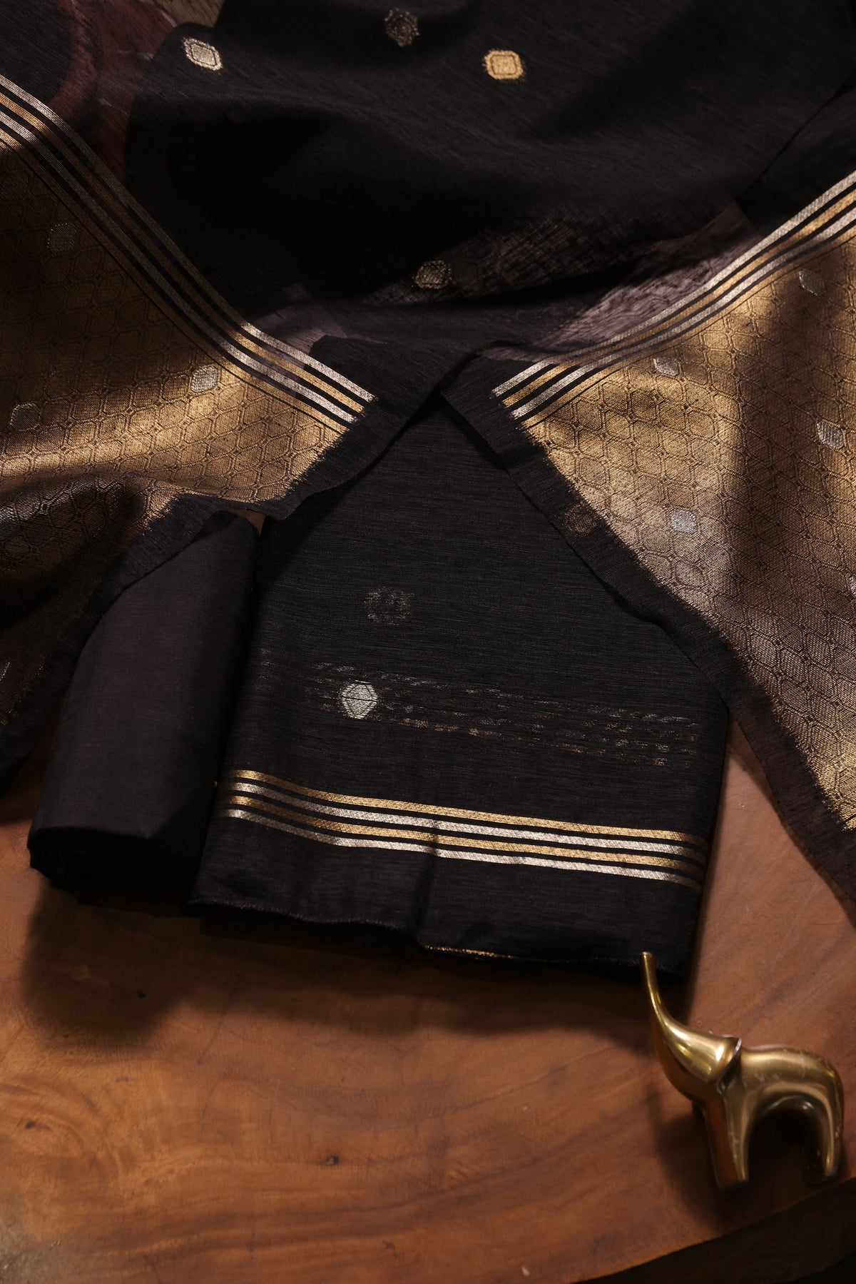 Golden Haze Black Muga Silk Unstitched Suit Set