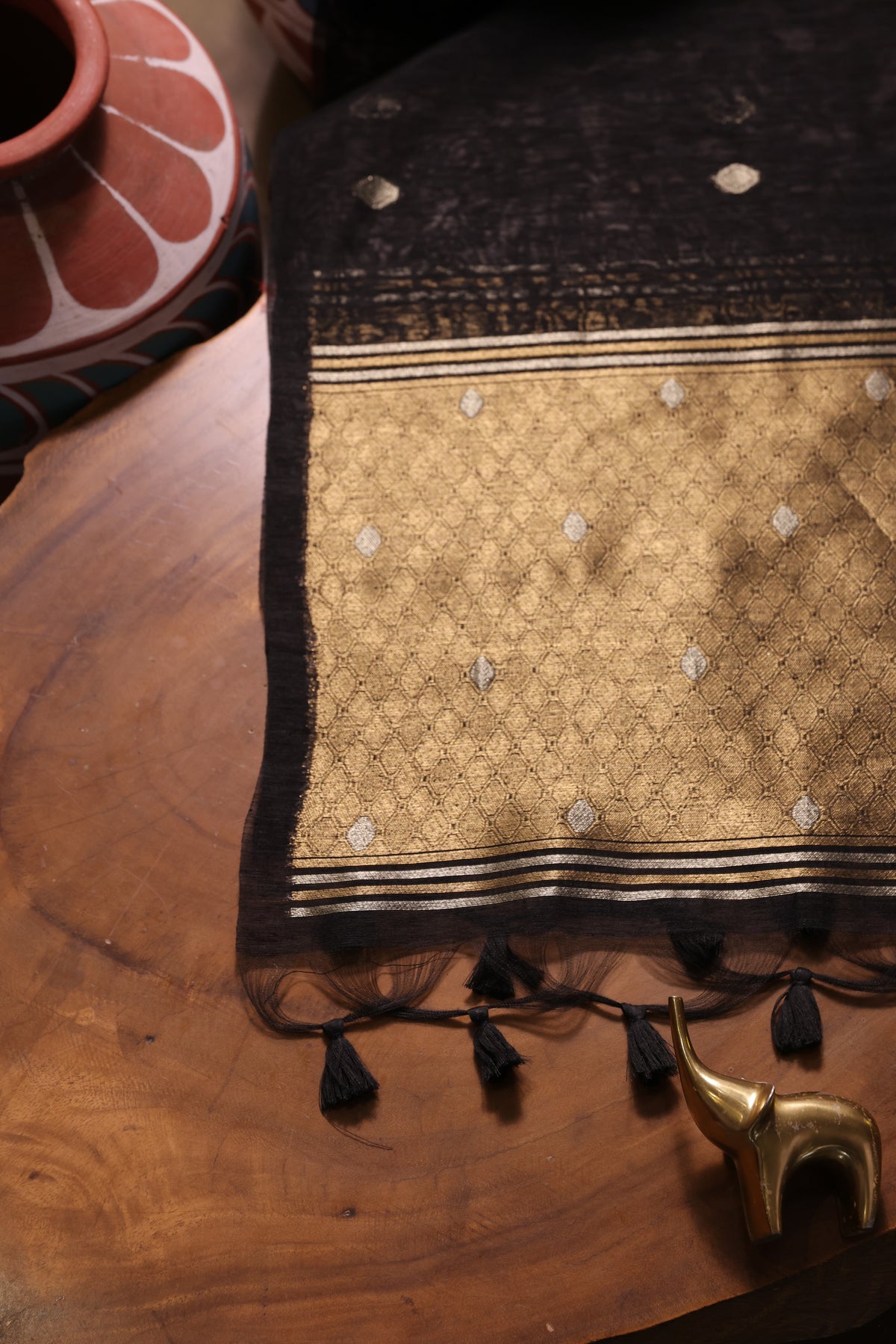 Golden Haze Black Muga Silk Unstitched Suit Set