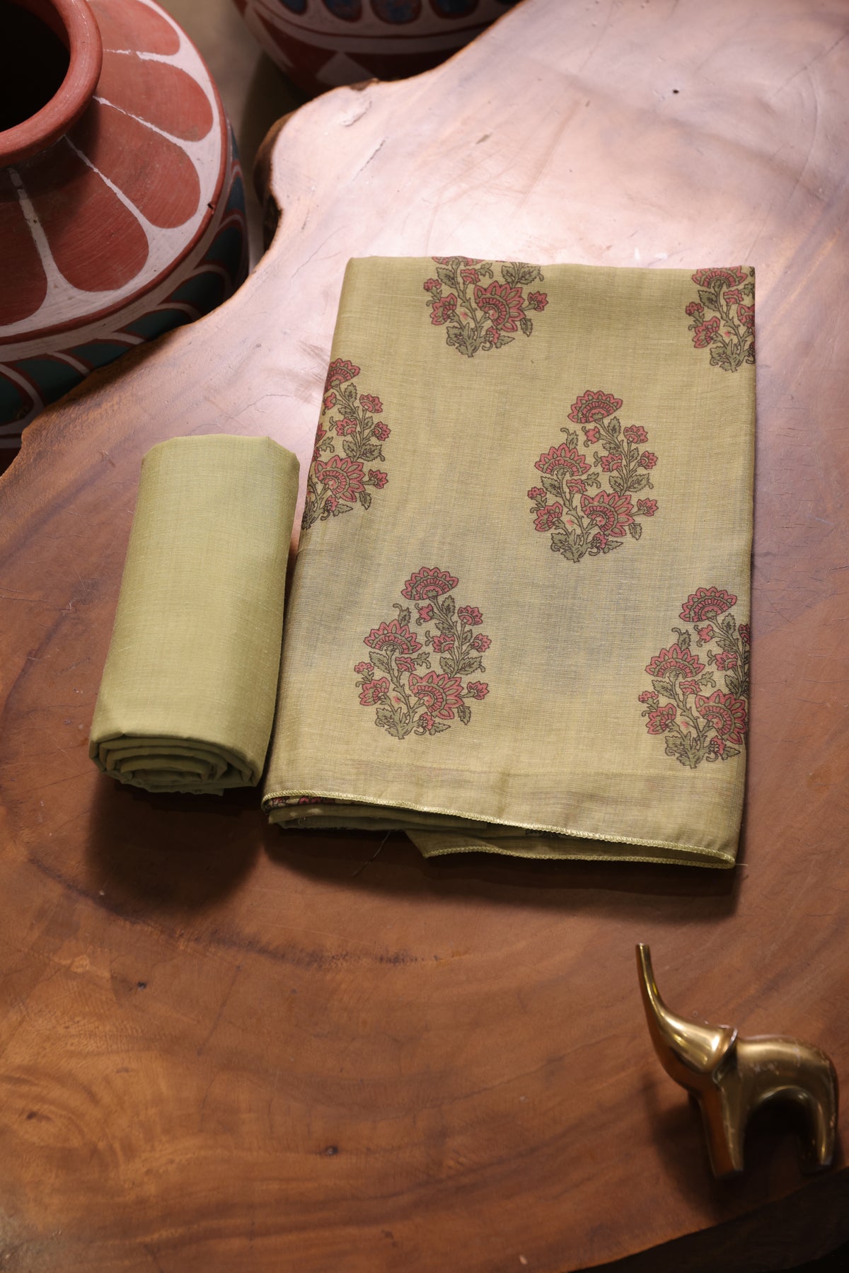 Classic Bloom Green Muga Cotton With Digital Block Print Unstitched Suit Set