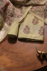 Classic Bloom Green Muga Cotton With Digital Block Print Unstitched Suit Set