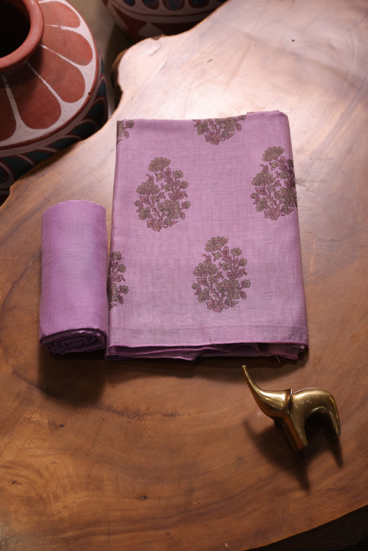 Classic Bloom Lavender Muga Cotton With Digital Block Print Unstitched Suit Set