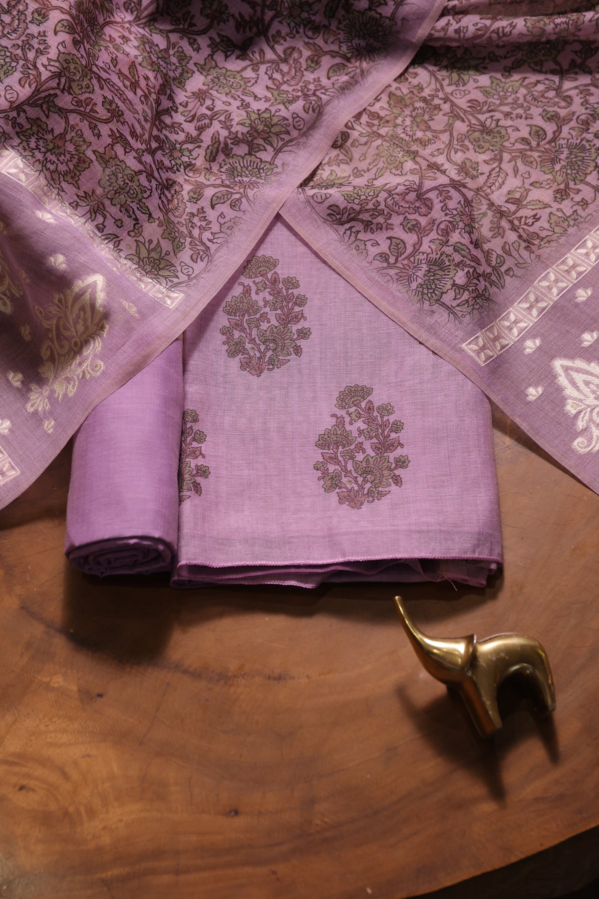 Classic Bloom Lavender Muga Cotton With Digital Block Print Unstitched Suit Set