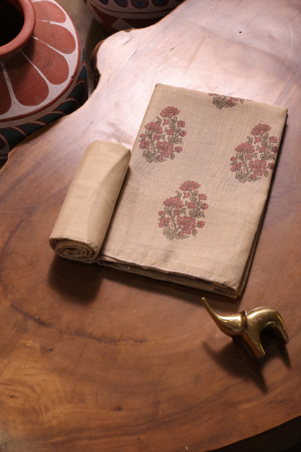Classic Bloom Beige Muga Cotton With Digital Block Print Unstitched Suit Set
