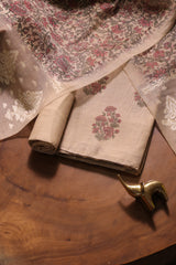 Classic Bloom Beige Muga Cotton With Digital Block Print Unstitched Suit Set