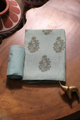 Classic Bloom Blue Muga Cotton With Digital Block Print Unstitched Suit Set