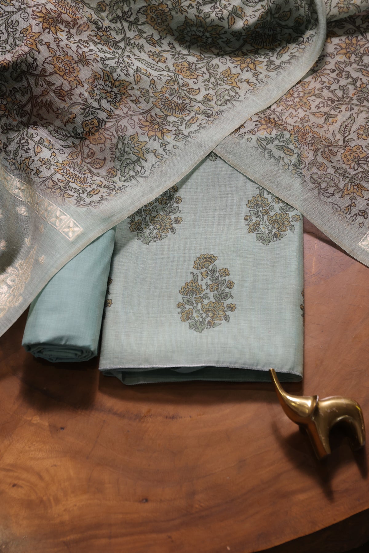 Classic Bloom Blue Muga Cotton With Digital Block Print Unstitched Suit Set