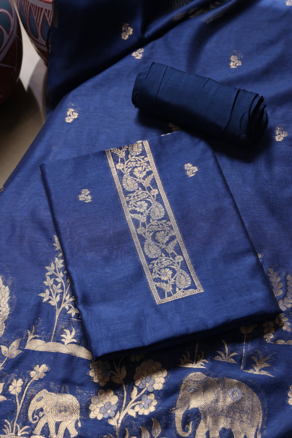 Solace Navy Soft Cotton Unstitched Suit Set