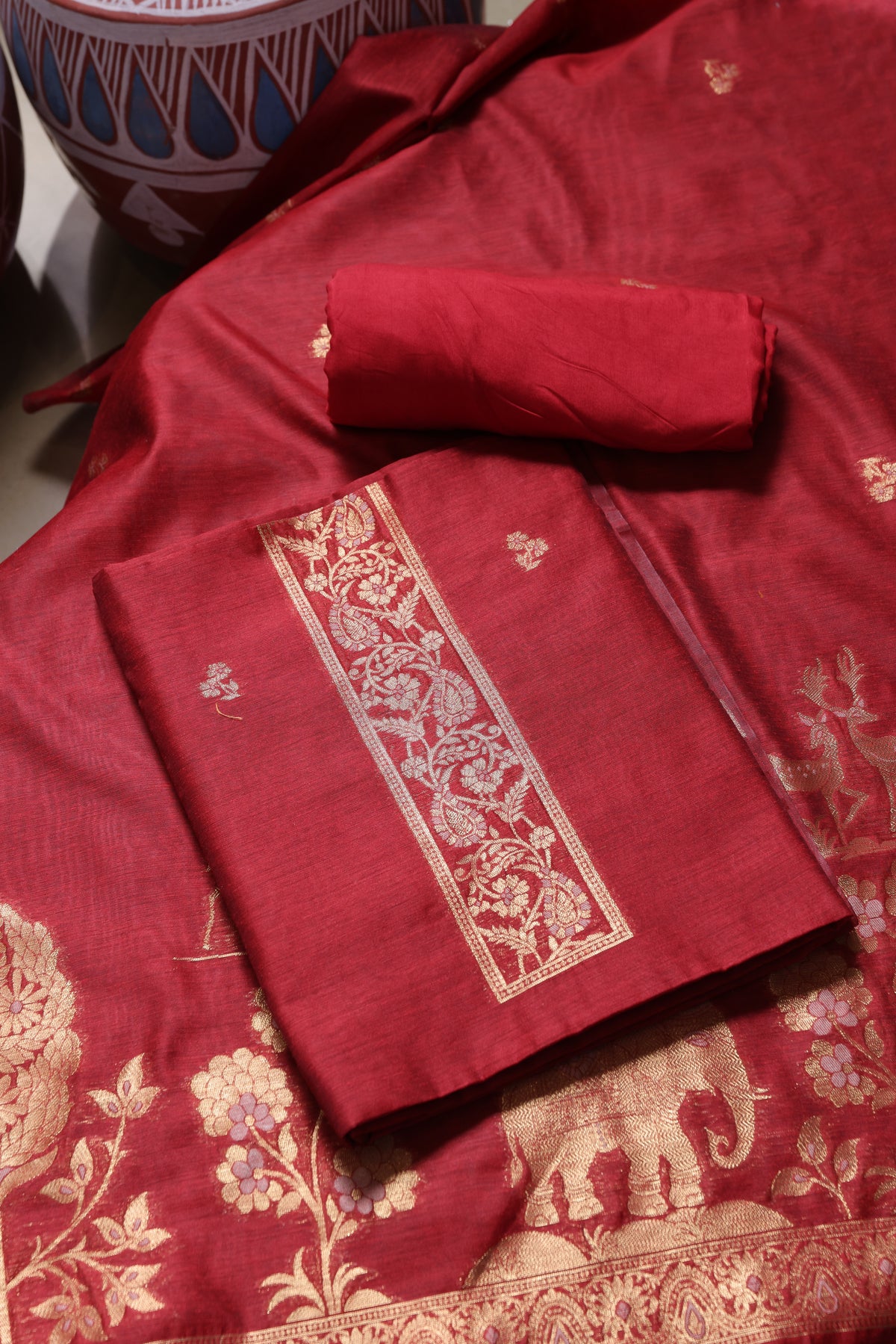 Solace Red Soft Cotton Unstitched Suit Set