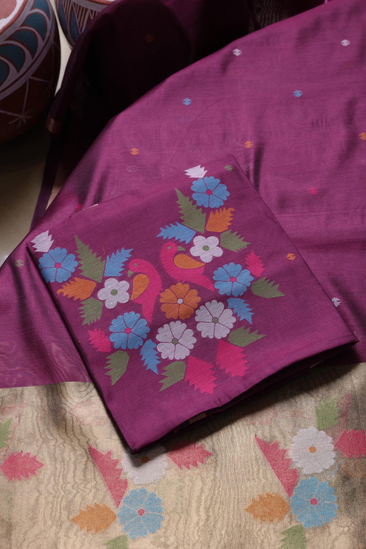 Floral Kiss Wine Soft Cotton Unstitched Suit Set
