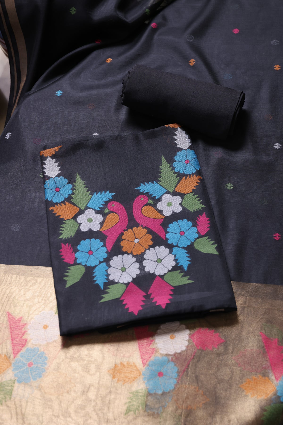 Floral Kiss Black Soft Cotton Unstitched Suit Set