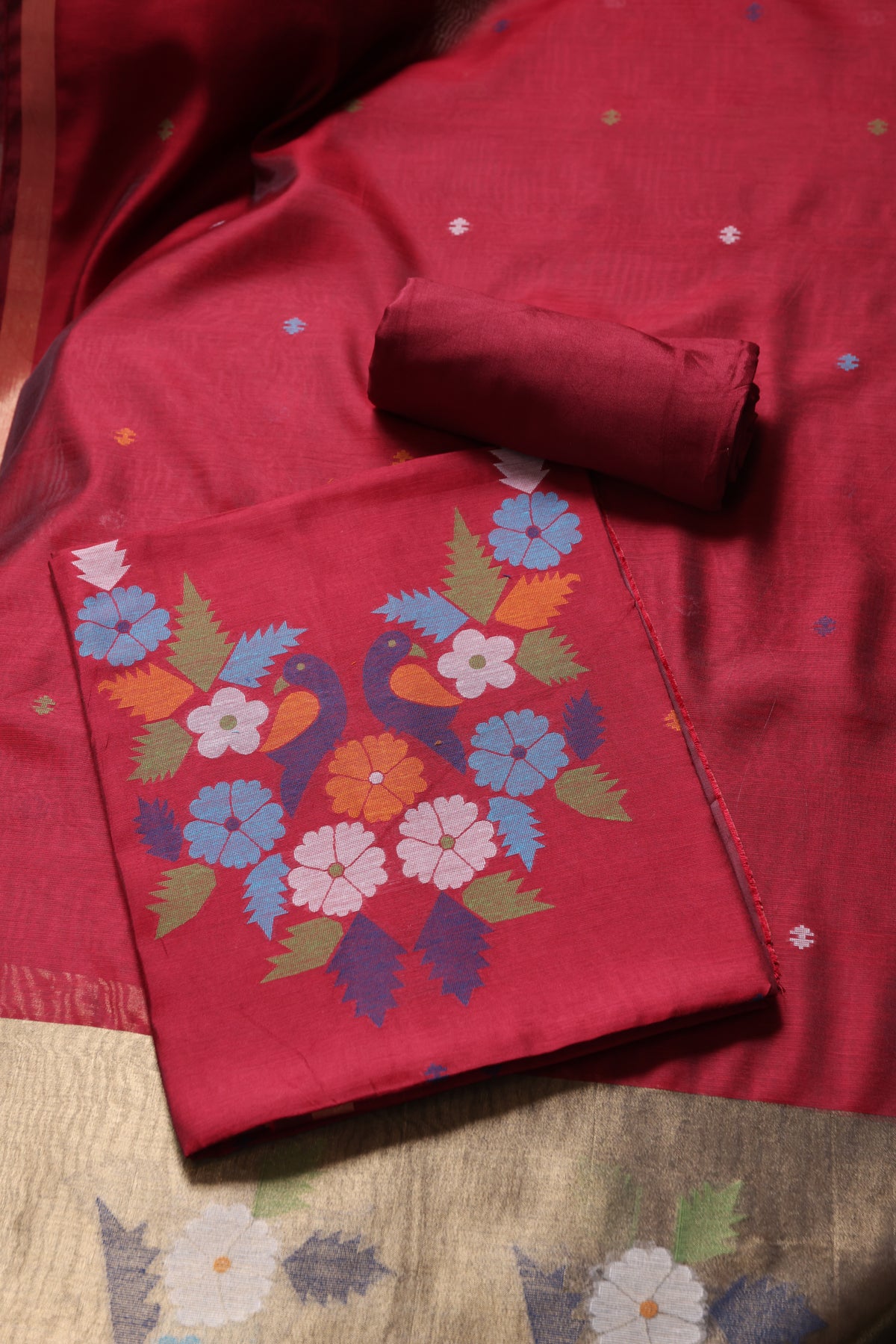 Floral Kiss Red Soft Cotton Unstitched Suit Set