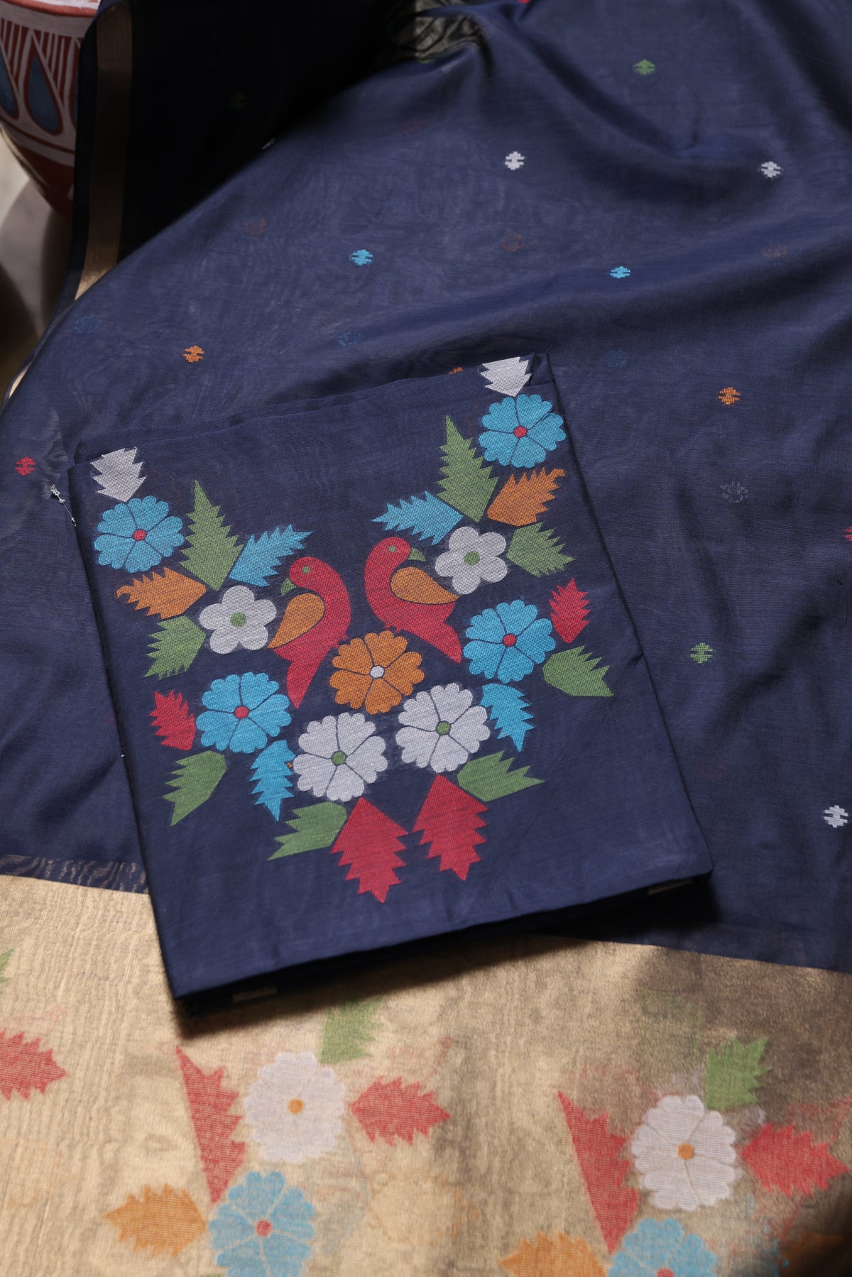 Floral Kiss Navy Soft Cotton Unstitched Suit Set