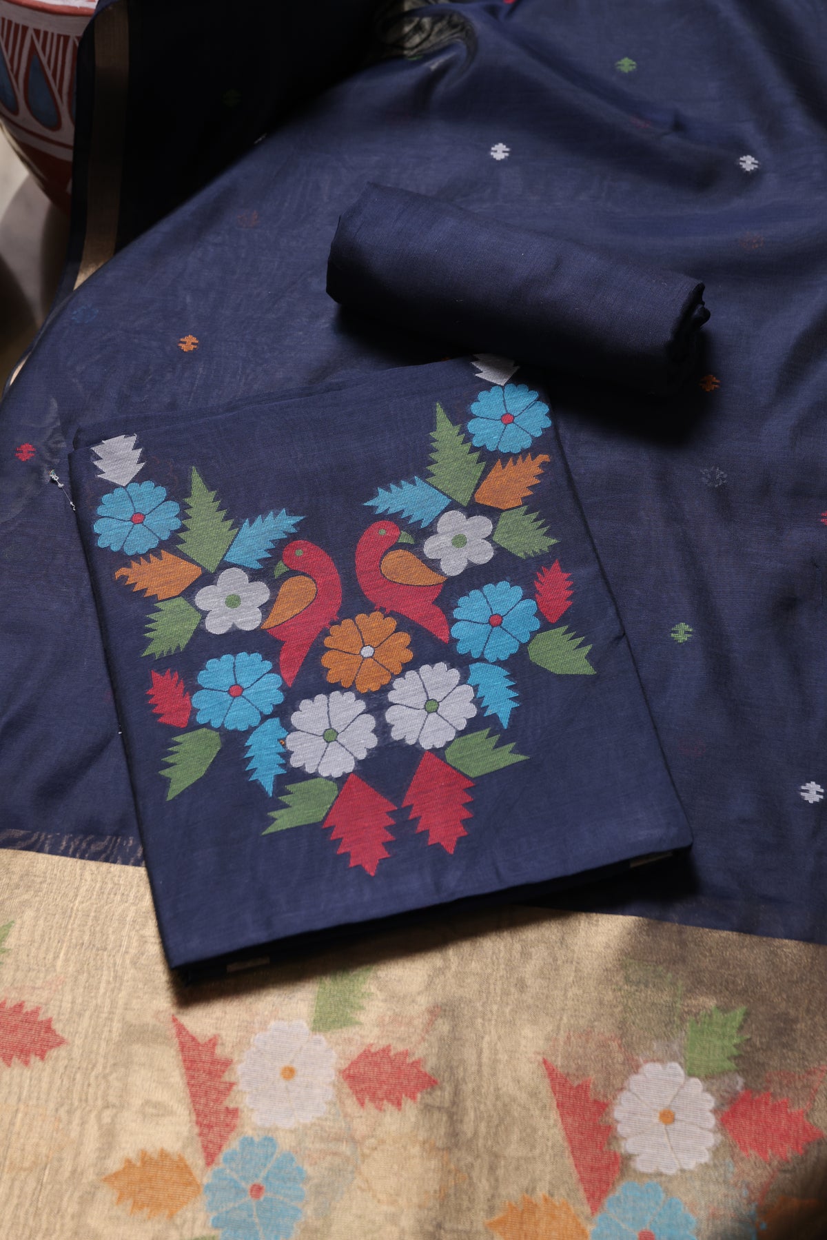 Floral Kiss Navy Soft Cotton Unstitched Suit Set
