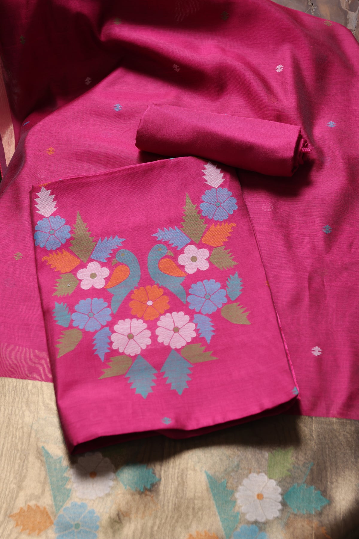 Floral Kiss Pink Soft Cotton Unstitched Suit Set