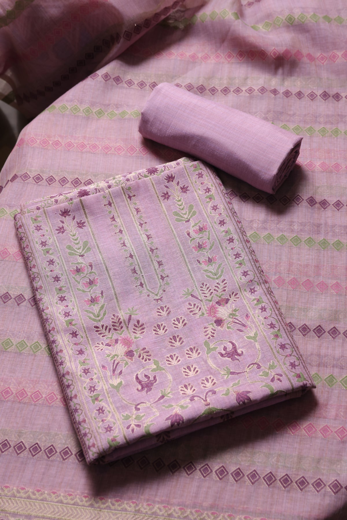 Opal Bliss Lavender Muga Cotton Pashmina Unstitched Suit Set