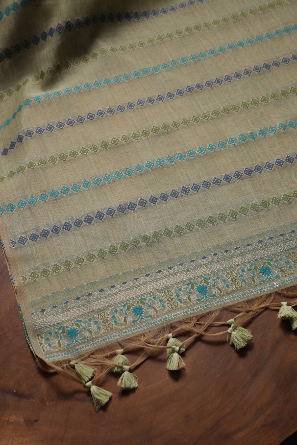Opal Bliss Green Muga Cotton Pashmina Unstitched Suit Set