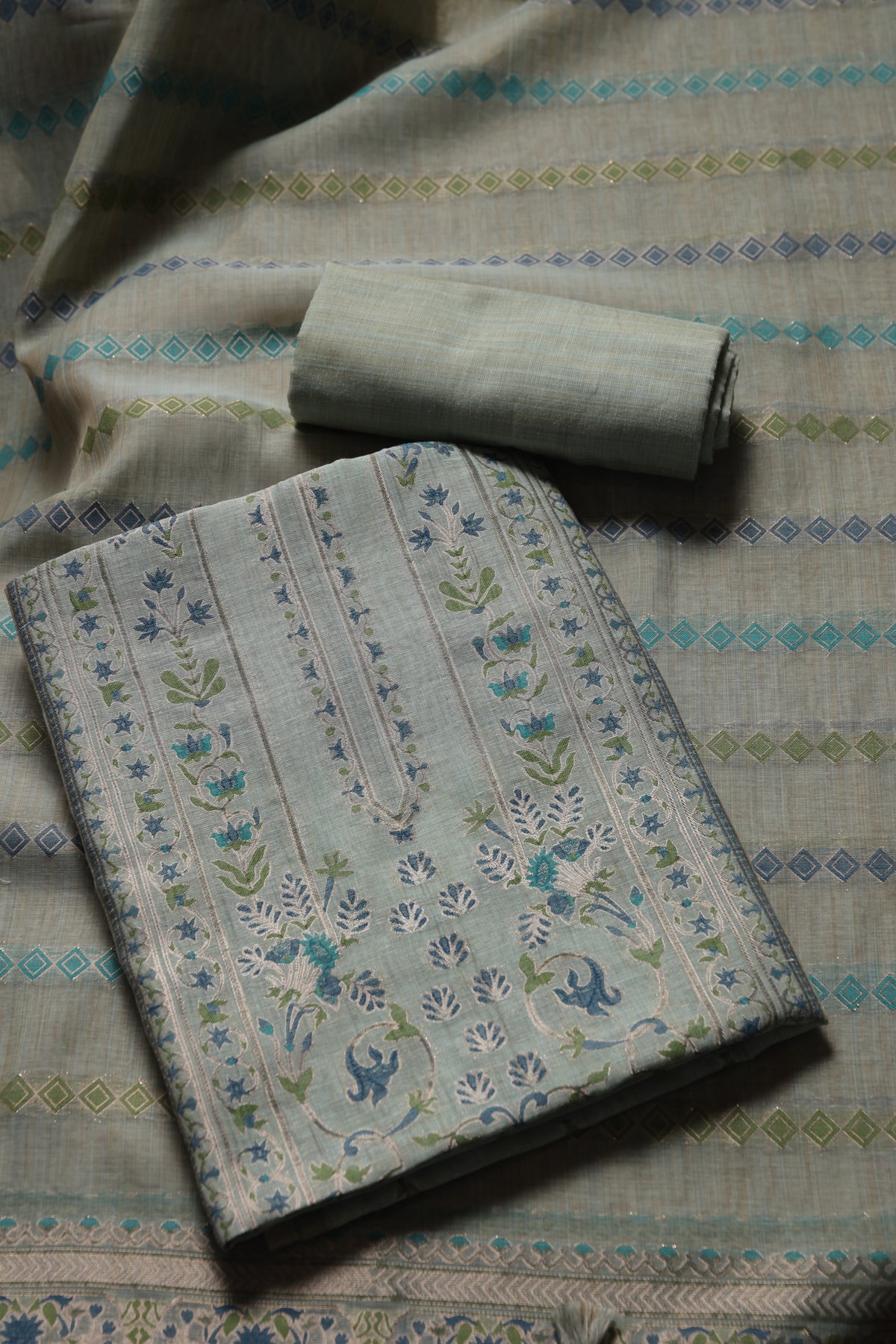 Opal Bliss Sea Green Muga Cotton Pashmina Unstitched Suit Set