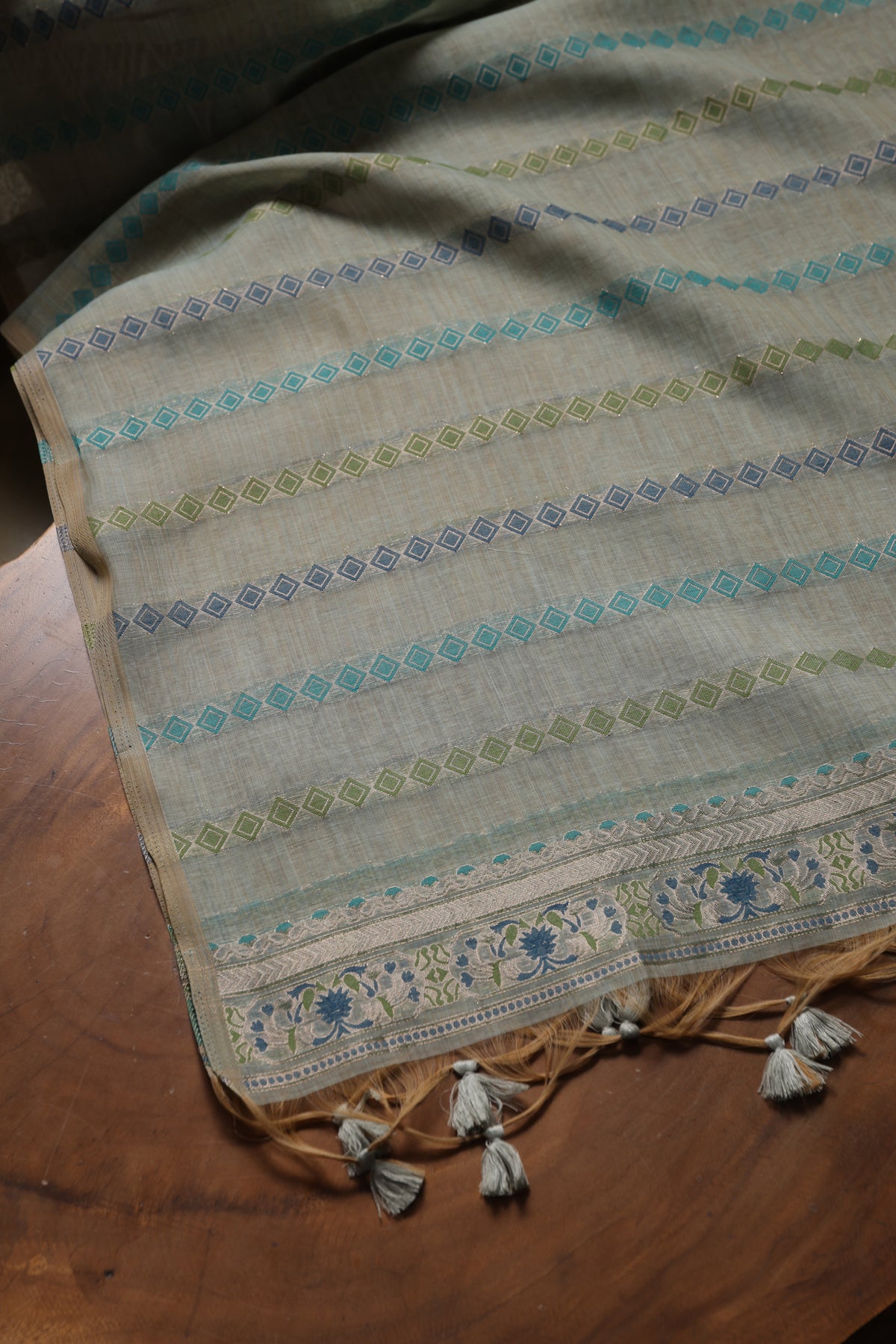 Opal Bliss Sea Green Muga Cotton Pashmina Unstitched Suit Set