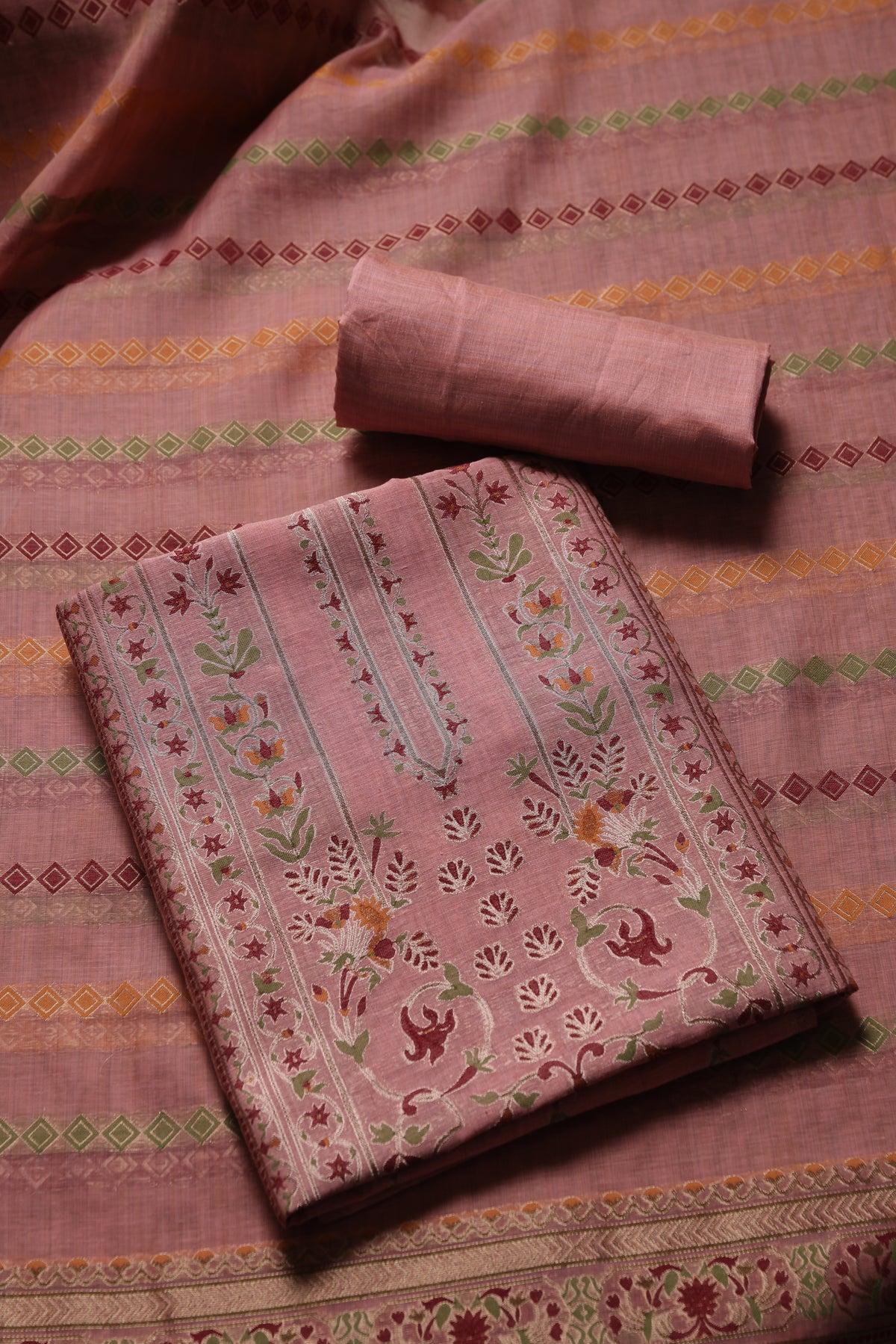 Opal Bliss Pink Muga Cotton Pashmina Unstitched Suit Set
