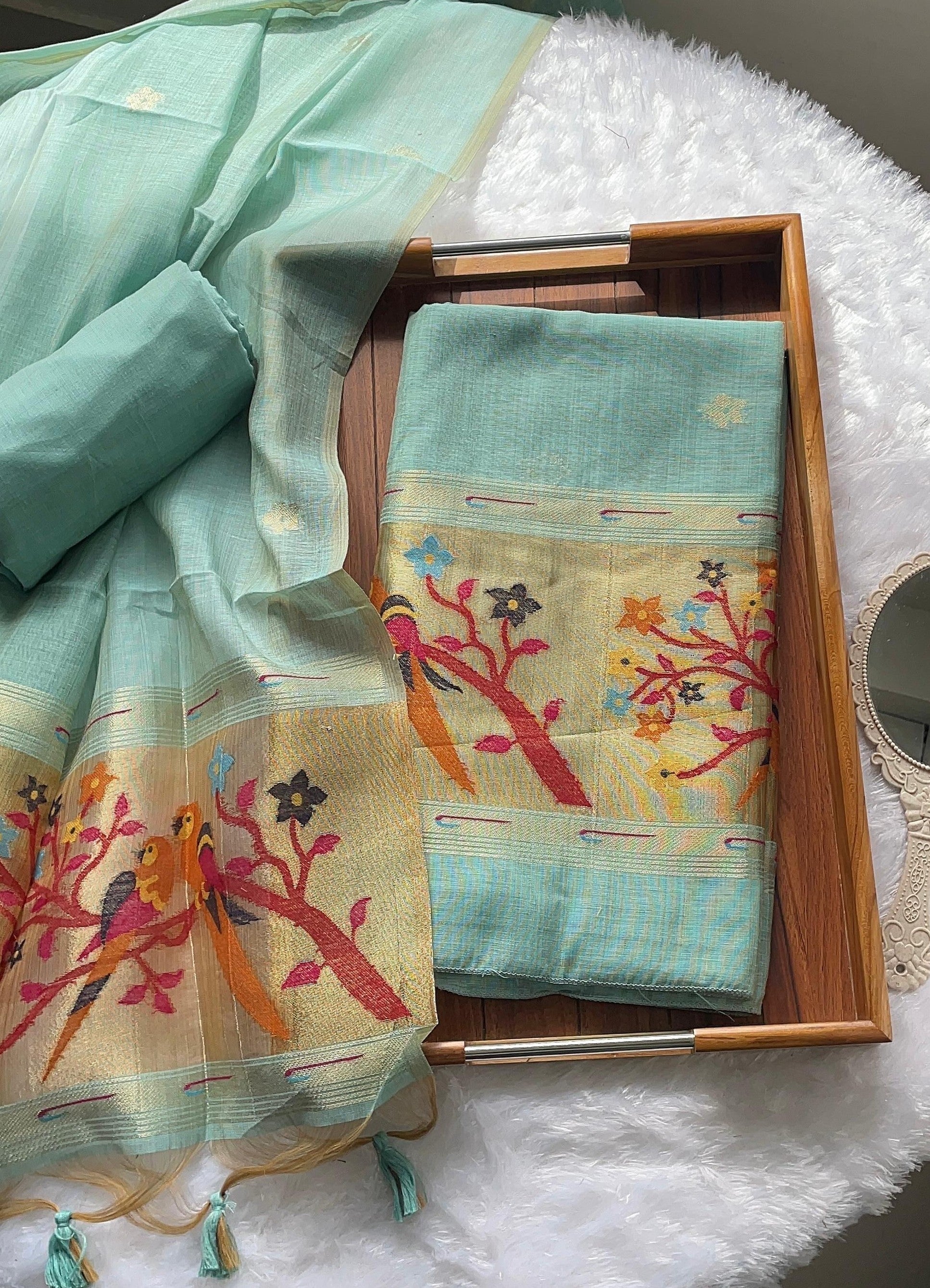 Weave & Wear Sky Blue Paithani Muga Cotton Unstitched Suit Set