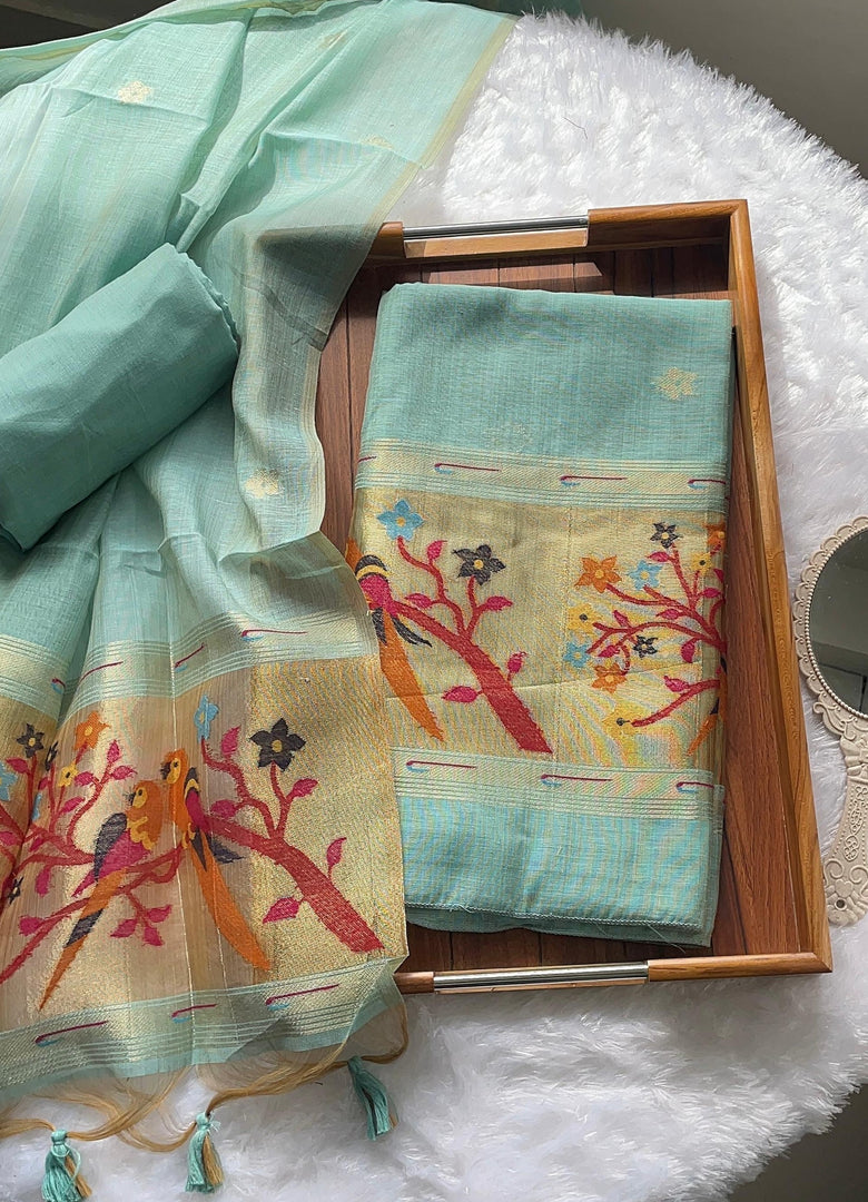 Weave & Wear Sky Blue Paithani Muga Cotton Unstitched Suit Set