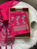 Load image into Gallery viewer, Ethereal Threads Hot Pink Jamdani Muga Silk Unstitched Suit Set
