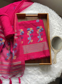 Ethereal Threads Hot Pink Jamdani Muga Silk Unstitched Suit Set