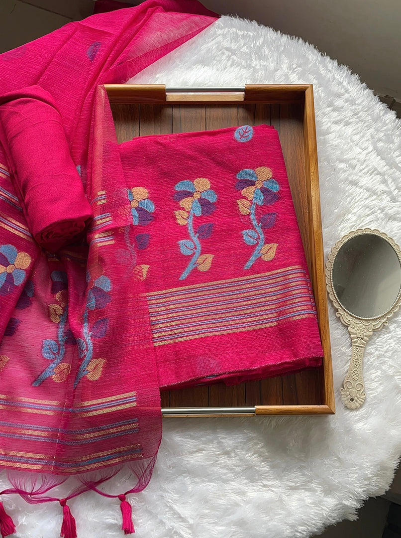 Ethereal Threads Hot Pink Jamdani Muga Silk Unstitched Suit Set