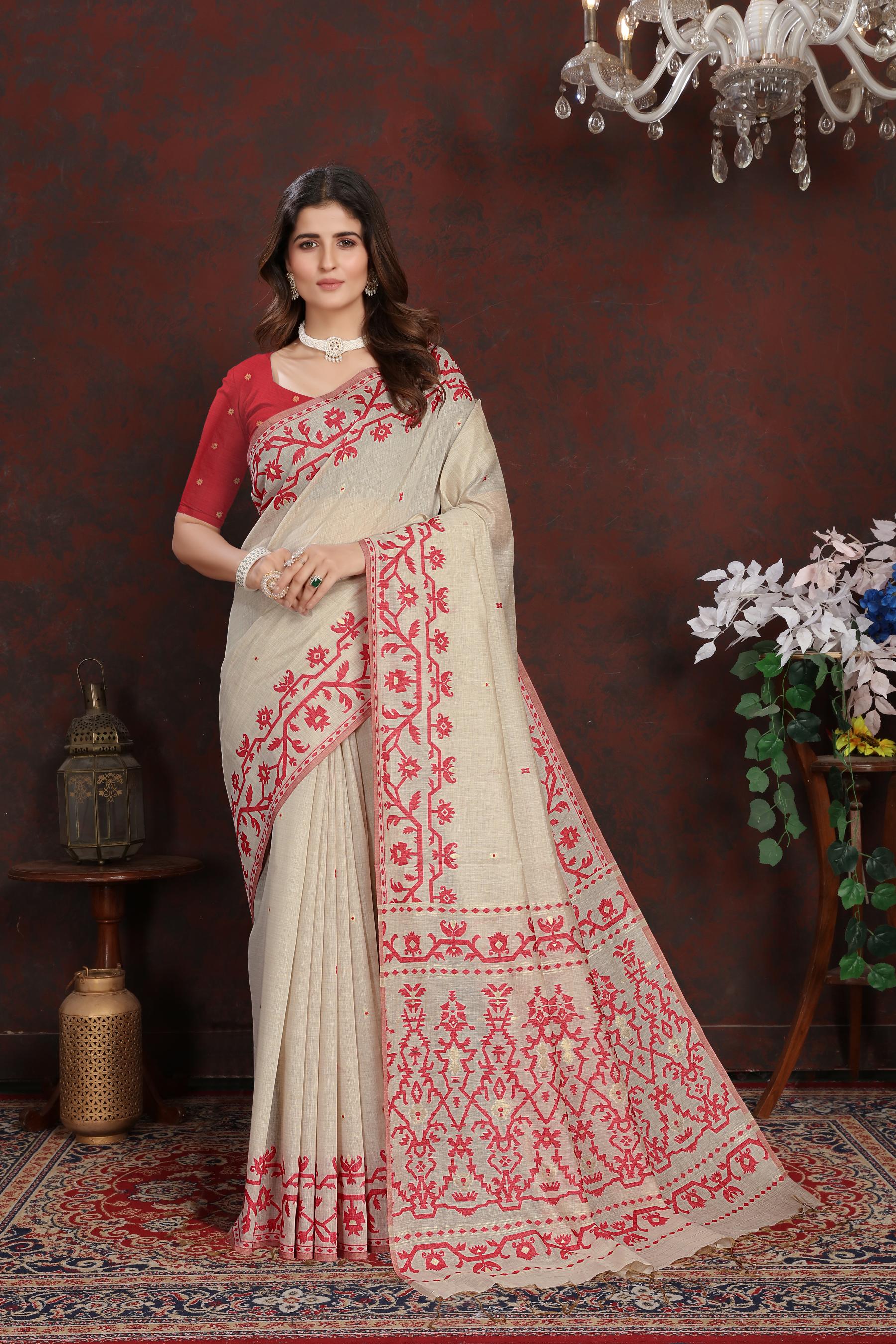 Panghat Red Mul Cotton Jamdani Saree