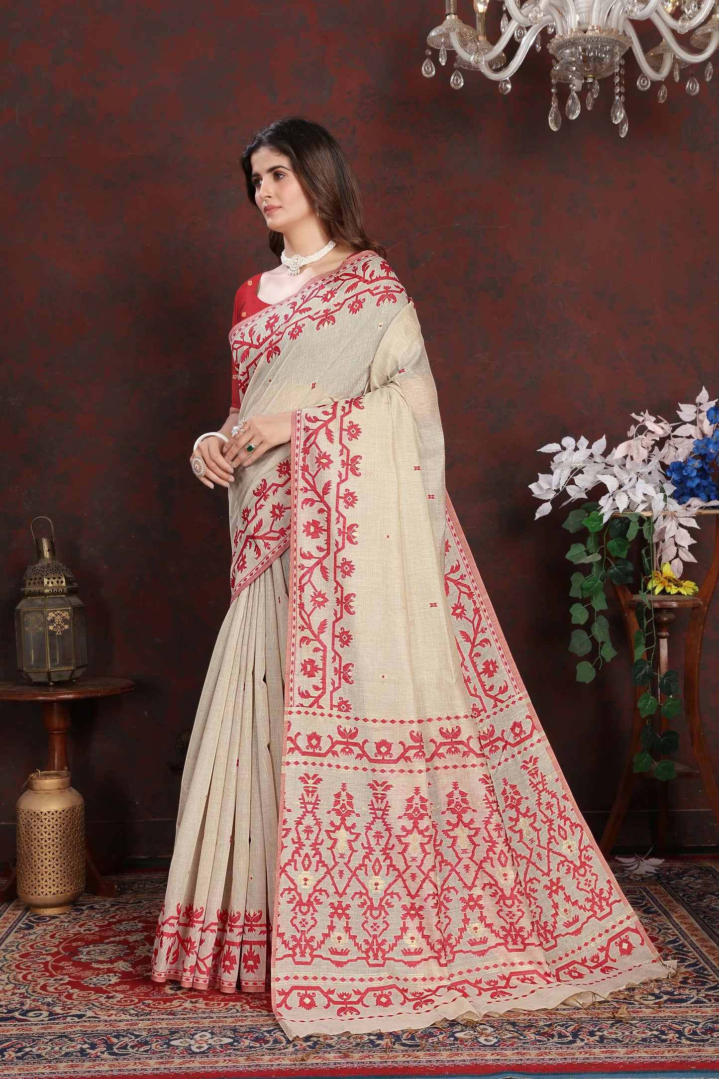 Panghat Red Mul Cotton Jamdani Saree