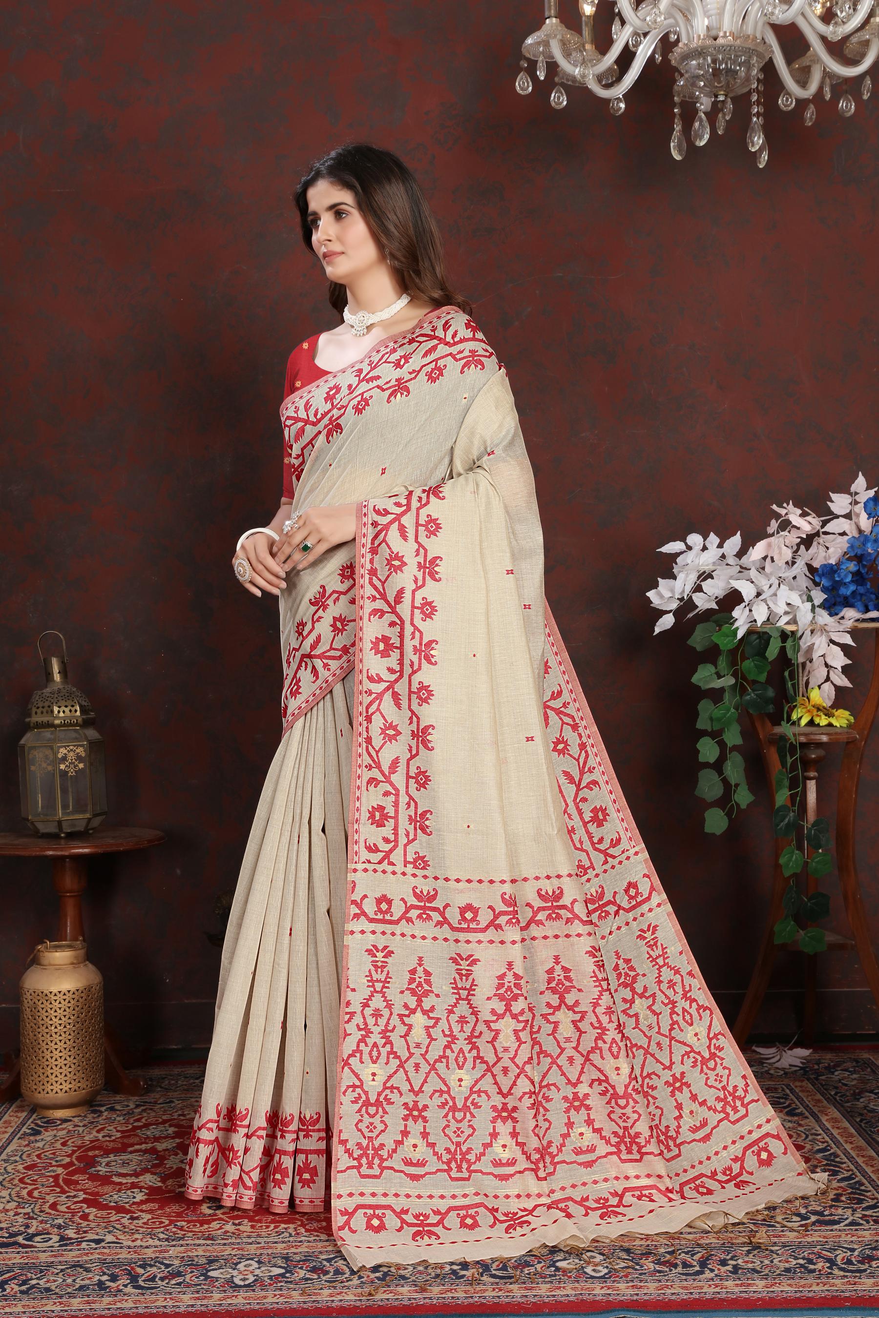 Panghat Red Mul Cotton Jamdani Saree
