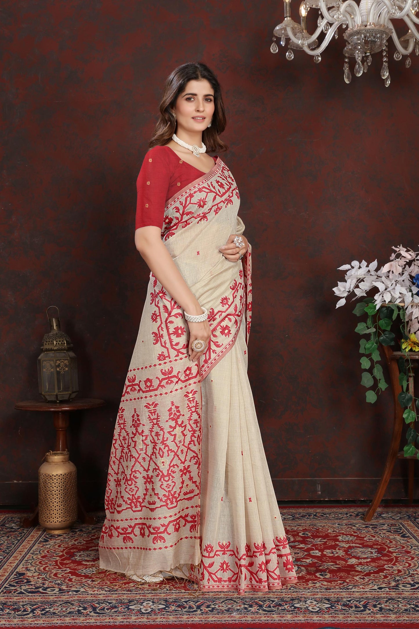 Panghat Red Mul Cotton Jamdani Saree