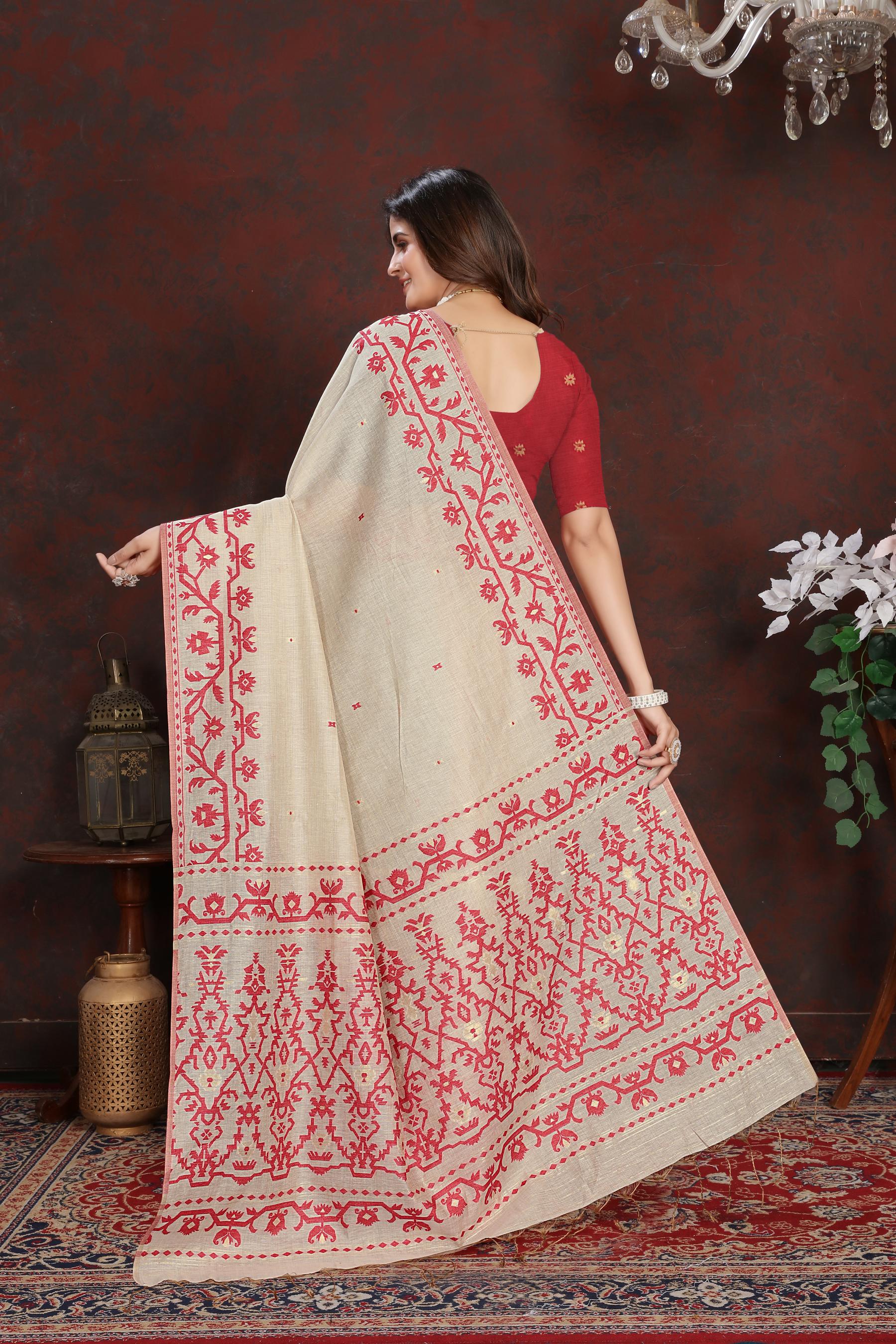 Panghat Red Mul Cotton Jamdani Saree