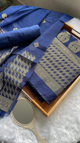 Silken Fold Navy Muga Silk Unstitched Suit Set