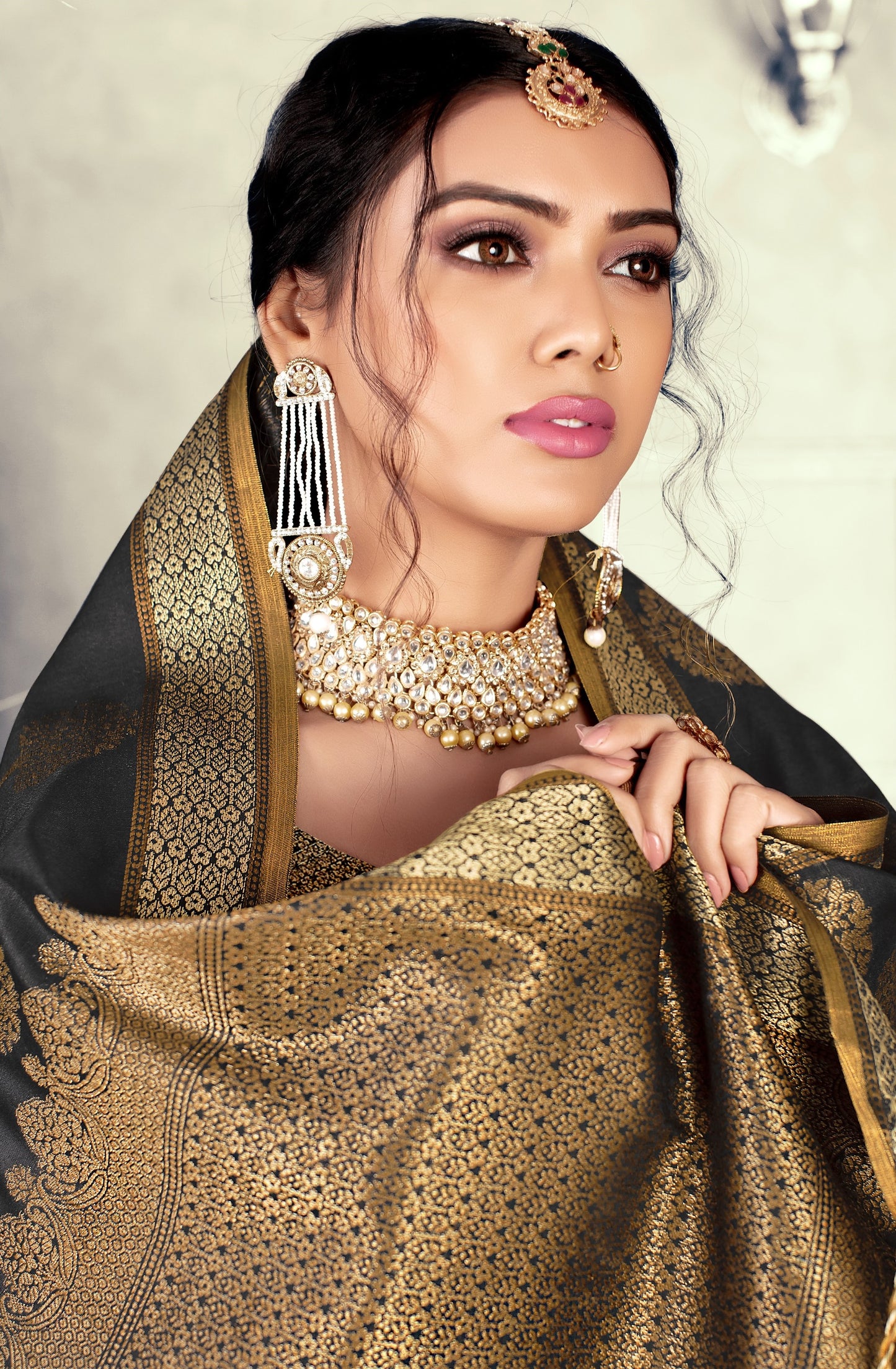 GJ Black Diamond Ebony Black Zari Woven Design Cotton Blend Saree