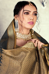 GJ Black Diamond Ebony Black Zari Woven Design Cotton Blend Saree