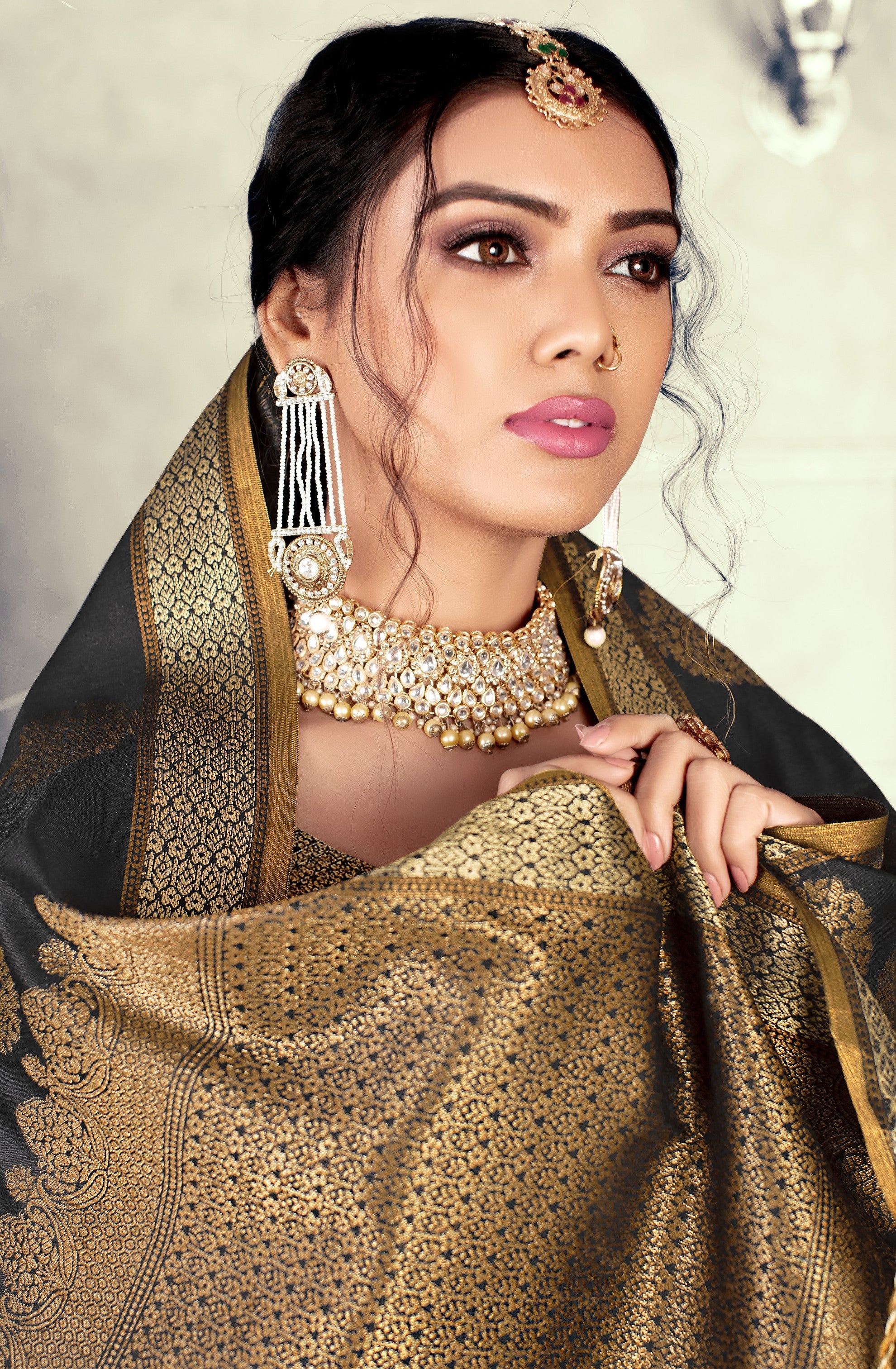 GJ Black Diamond Ebony Black Zari Woven Design Cotton Blend Saree