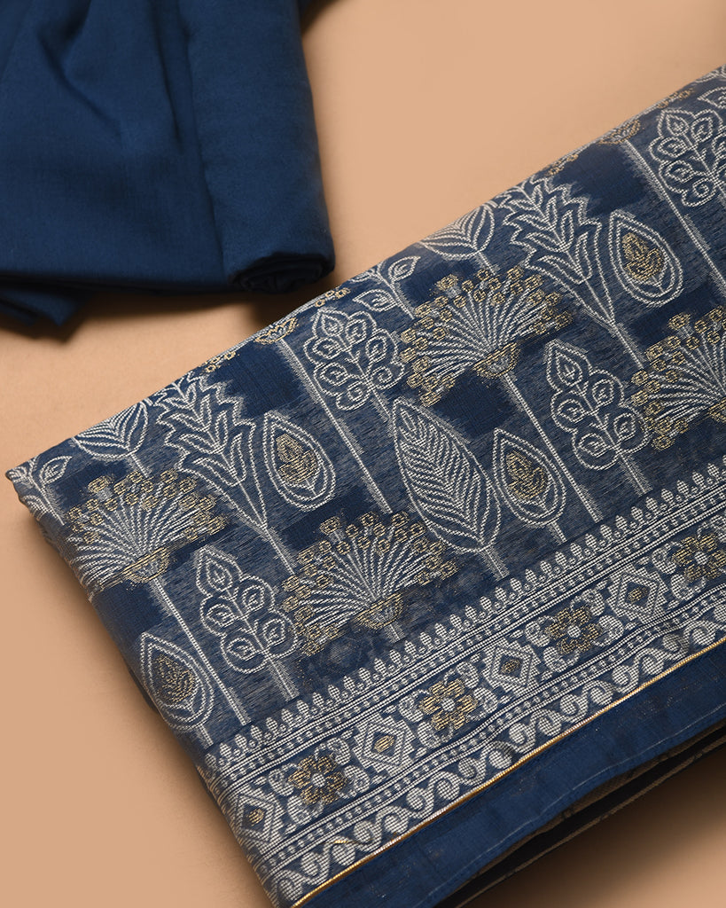 Opulent Hues Indigo Blue Soft Cotton Jamdani Unstitched Suit Set