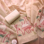 Load image into Gallery viewer, Contemporary Florals Beige Muga Cotton Pichwai Jamdani Unstitched Suit Set
