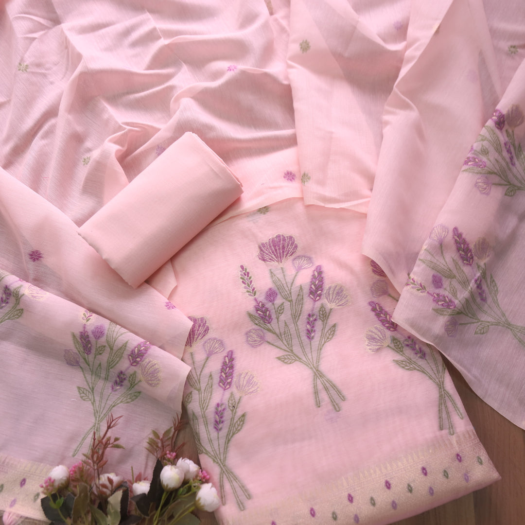 Mystic Weaves Pink Muga Cotton Unstitched Suit Set