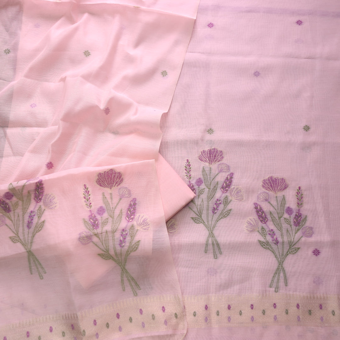 Mystic Weaves Pink Muga Cotton Unstitched Suit Set