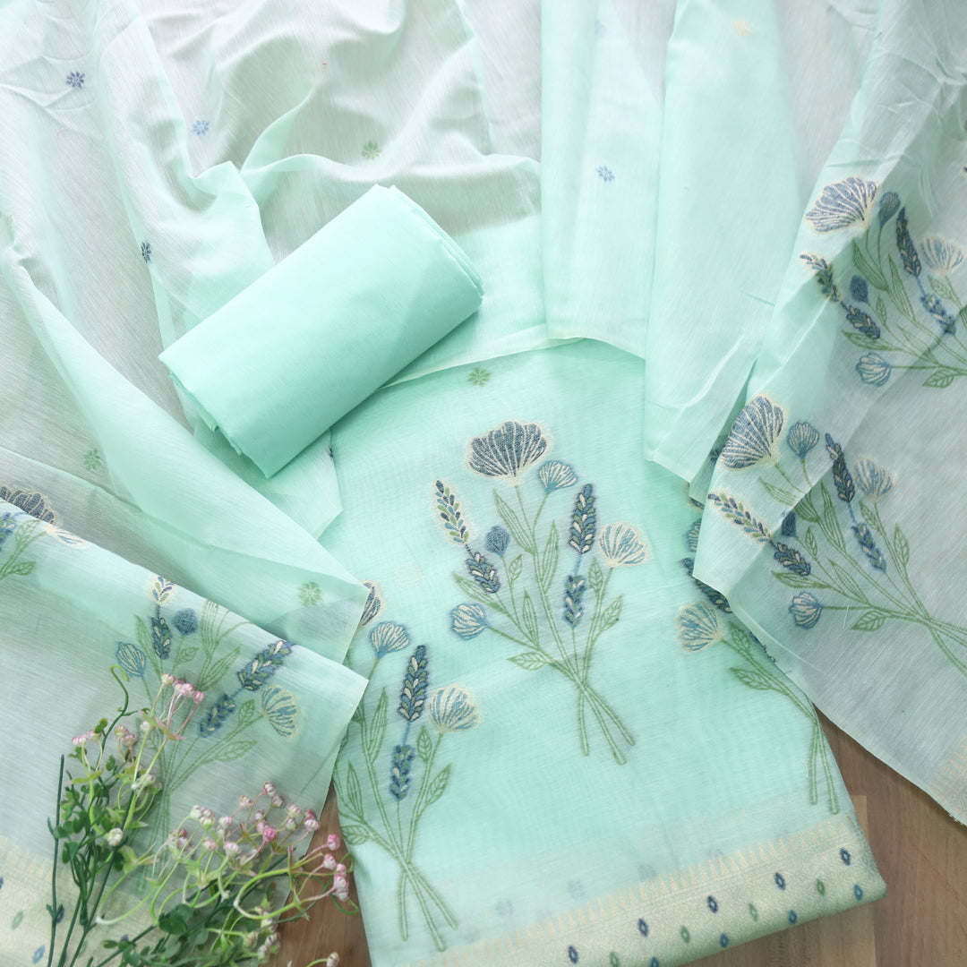 Mystic Weaves Sea Green Muga Cotton Unstitched Suit Set