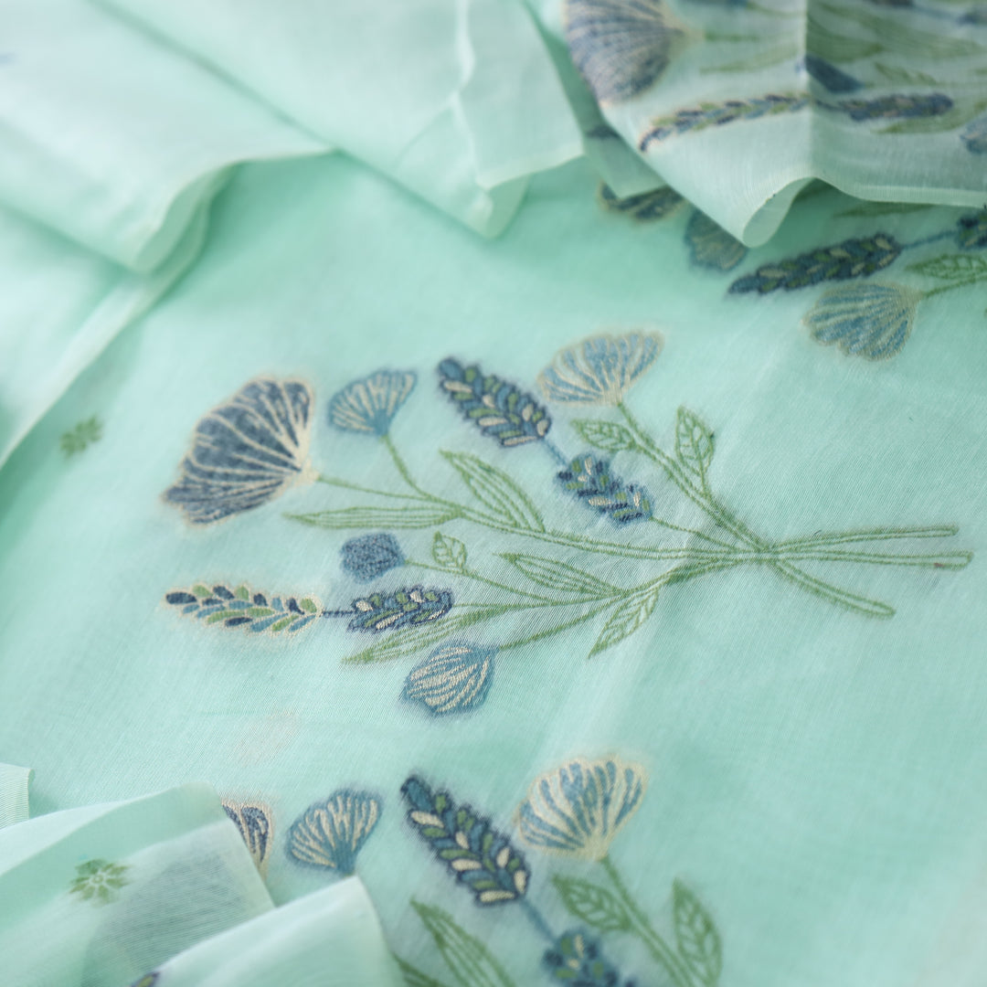 Mystic Weaves Sky Blue Muga Cotton Unstitched Suit Set