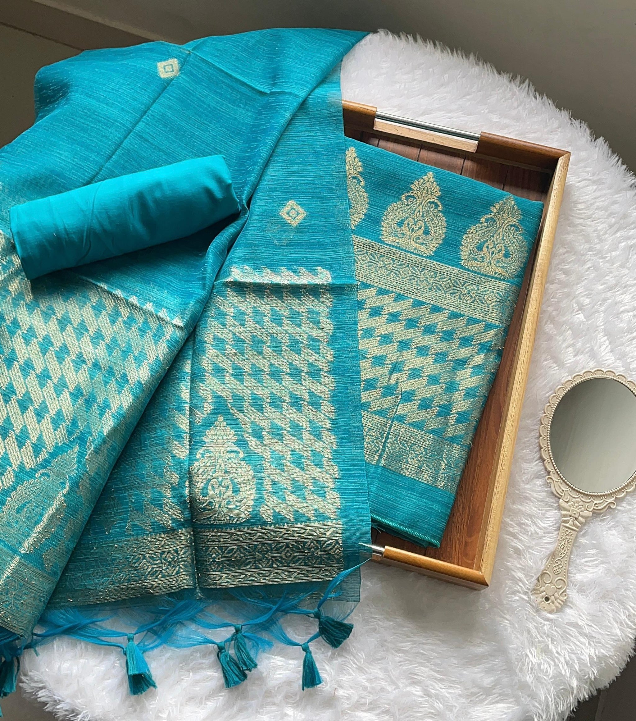 Silken Fold Teal Muga Silk Unstitched Suit Set